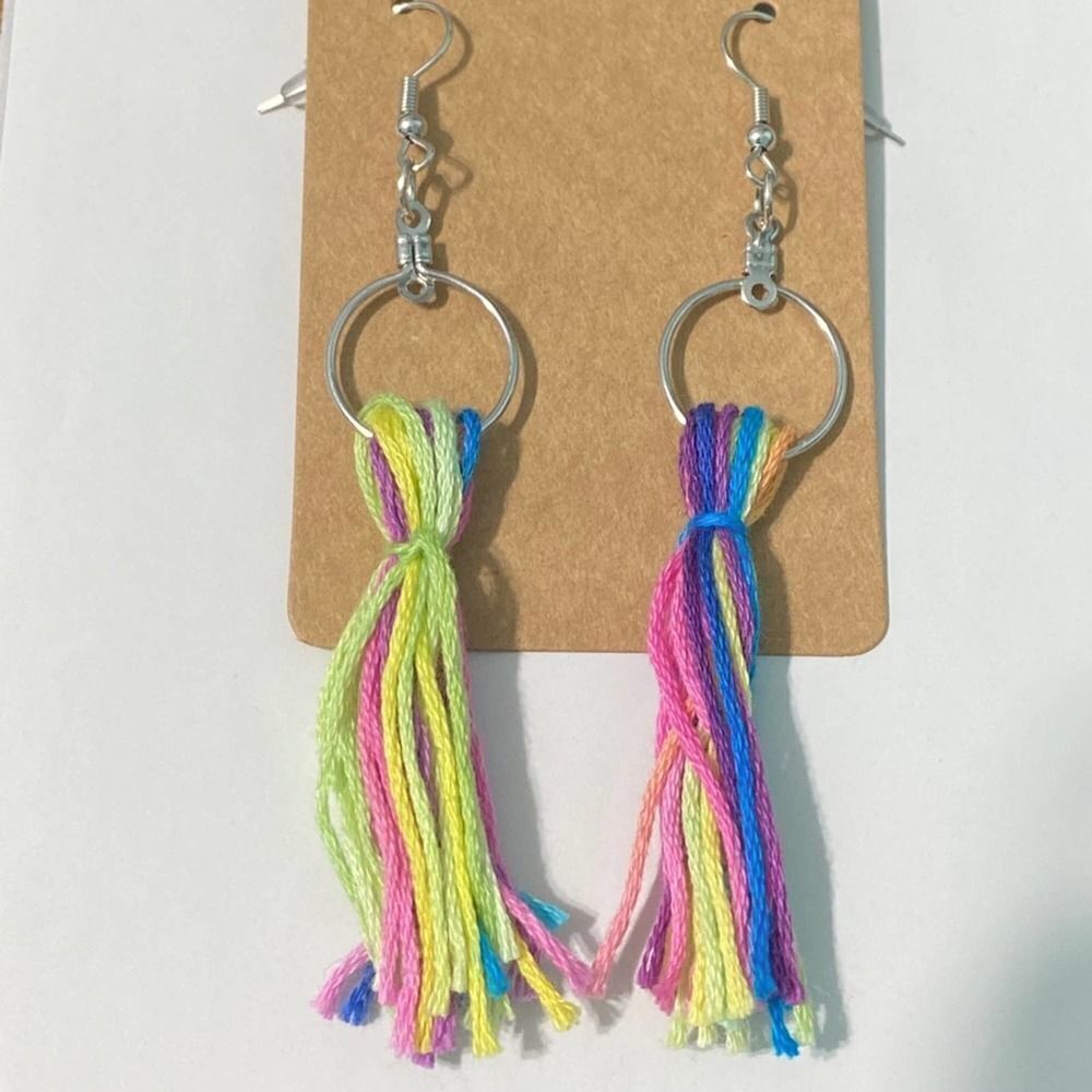 Rainbow Tassel Fringe Statement Earrings Slip On Dangle Hoop Silver Green Pink‎ - Picture 6 of 6